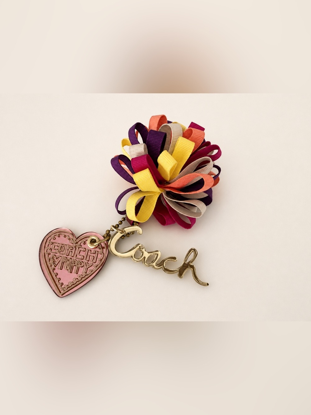 Coach Poppy Heart Ribbon Pom Bag Charm Keychain - Picture 4 of 8